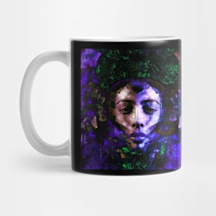 Beautiful girl face, near flowers. Green and violet. Fantasy, sci-fi. Look like robot. Mug